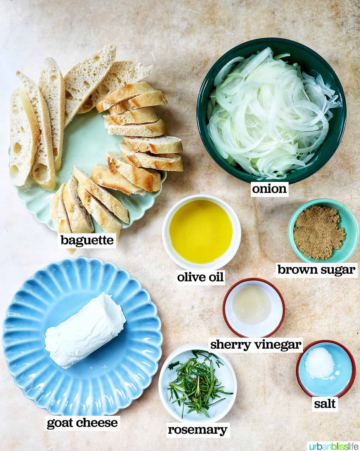 ingredients in bowls, to make caramelized onion and goat cheese pintxos.