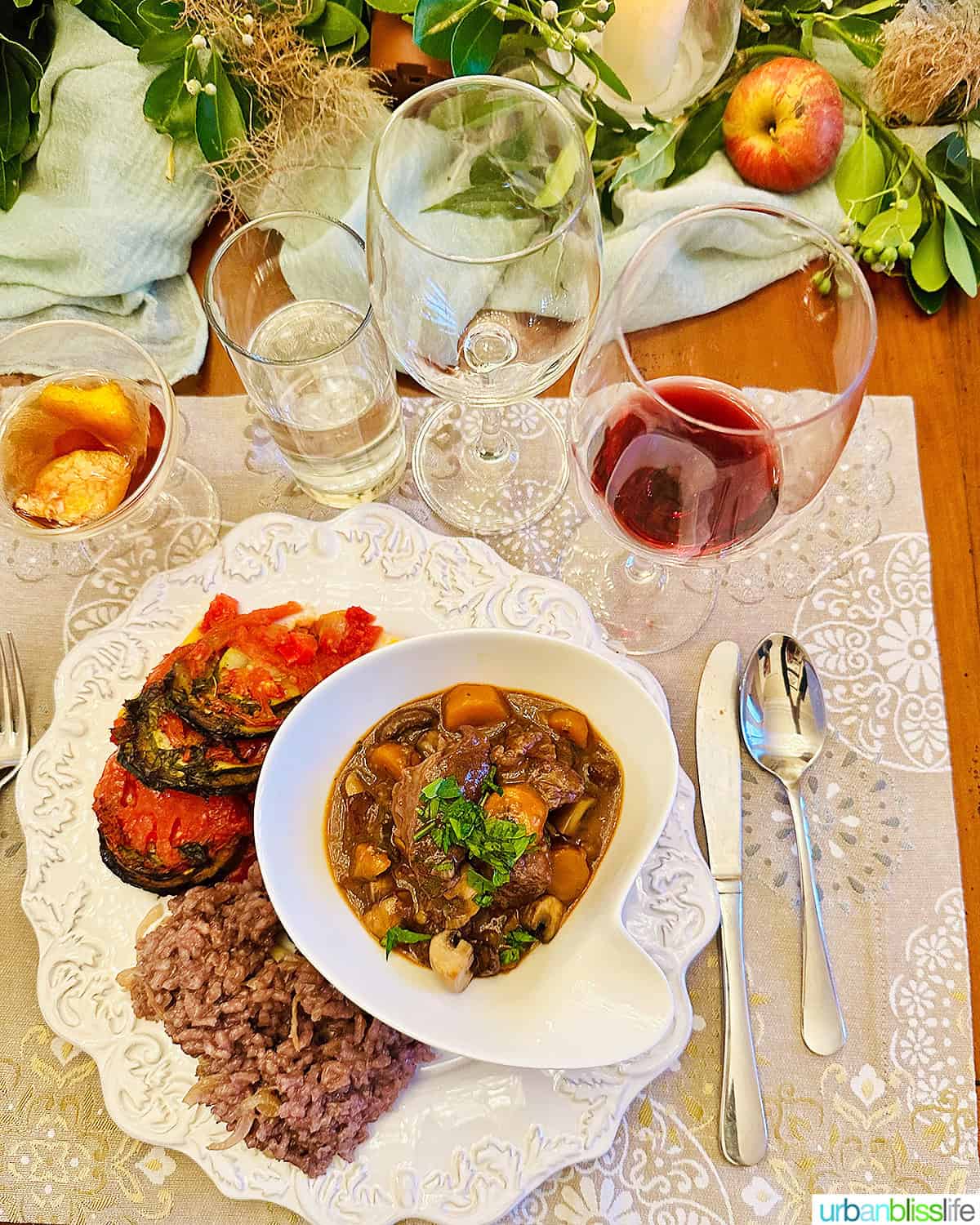 beef bourguignon and glass of red wine at Chateau de Valcreuse.