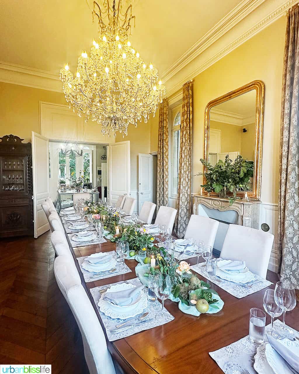 elegant dinner table at Chateau de Valcreuse in La Roche-Posay, France.