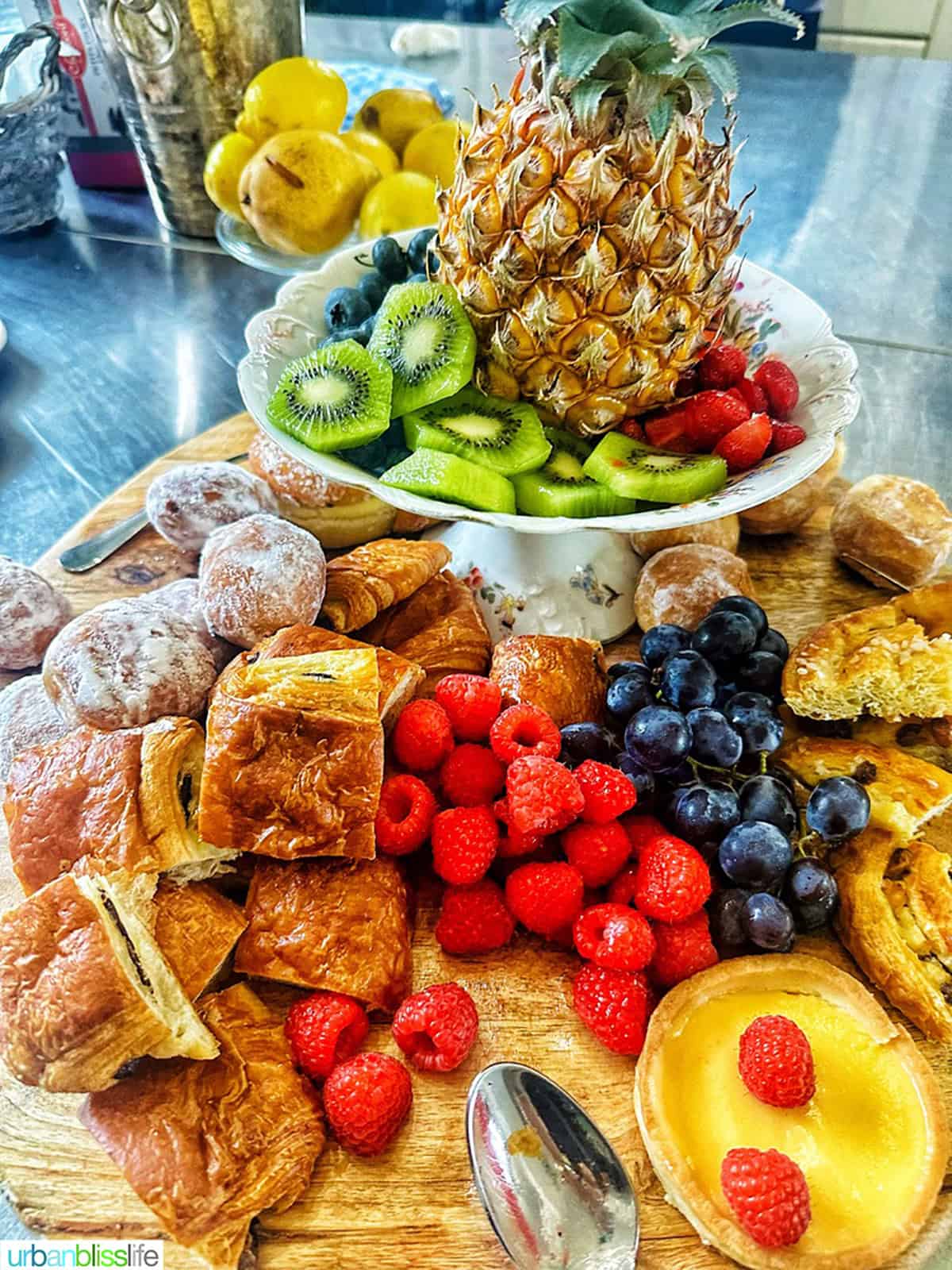 fresh fruits and pastries for breakfast at Chateau de Valcreuse.