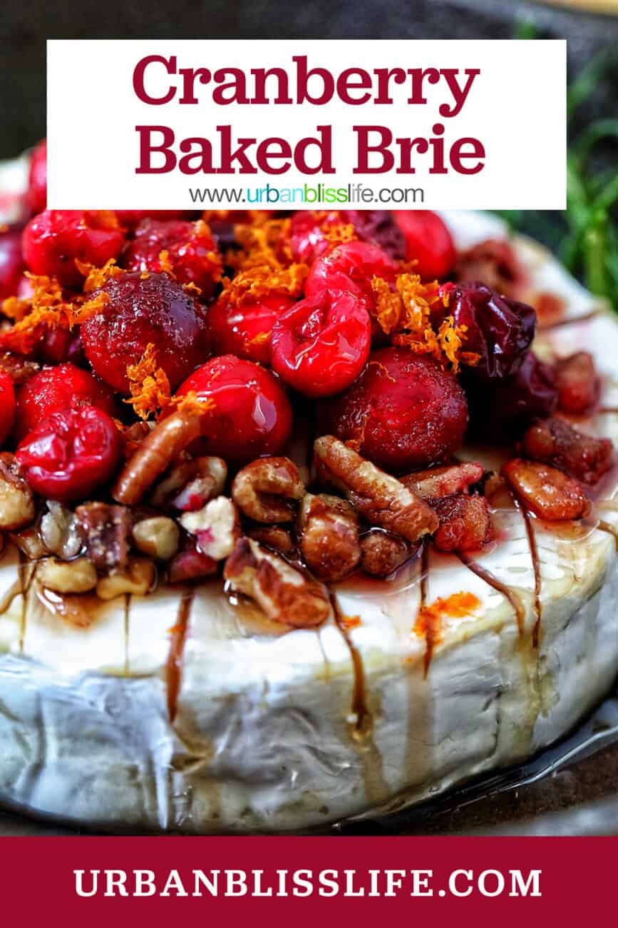 cranberry pecan baked brie in a skillet with title text overlay.