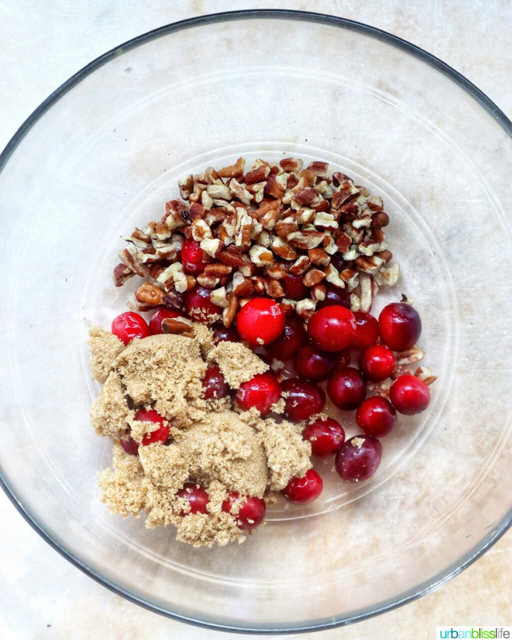 bowl with cranberries, brown sugar, and pecans.