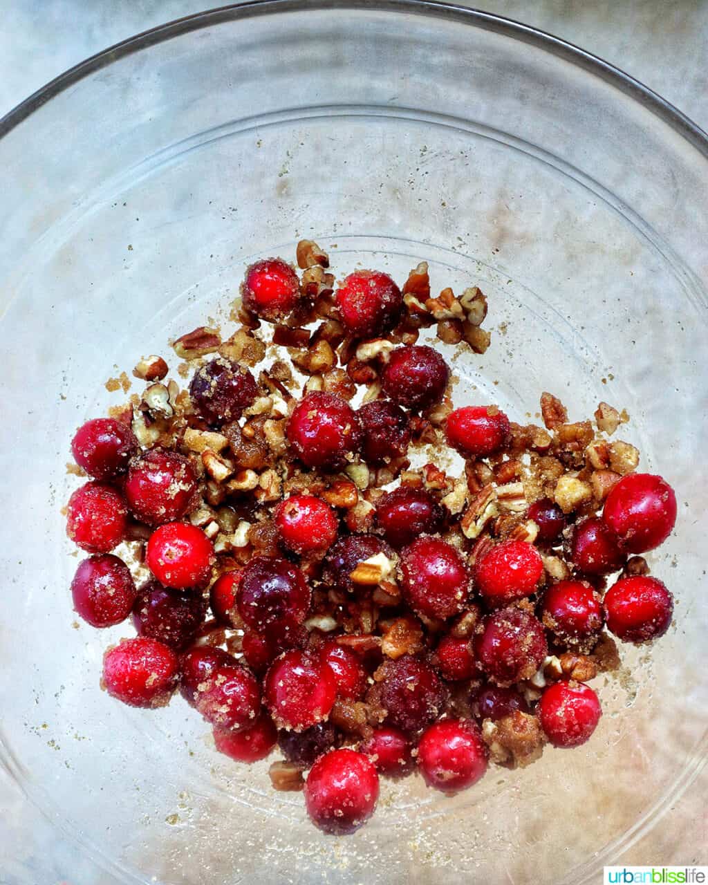 bowl with cranberries, brown sugar, and pecans.