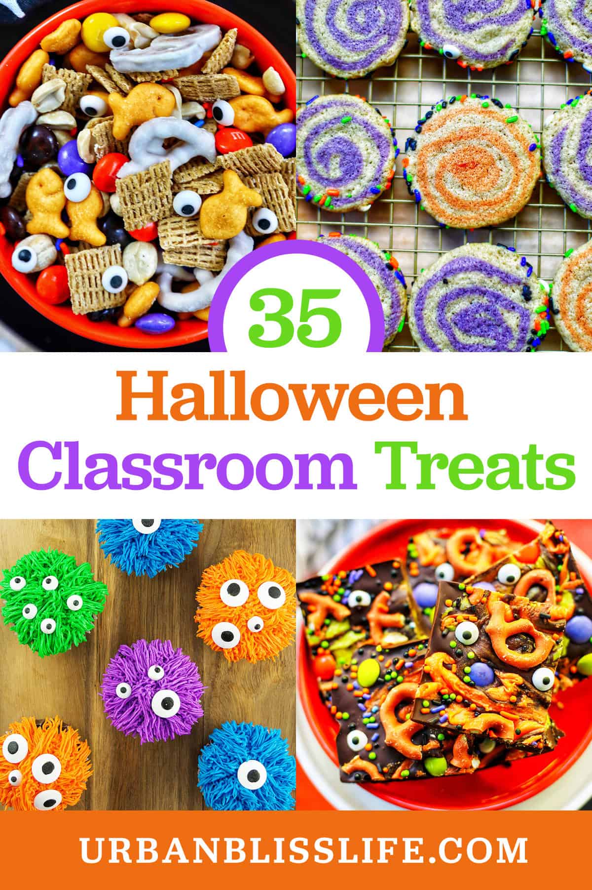 Halloween snack mix, pinwheel cookies, cupcakes, and monster bark with title text overlay.