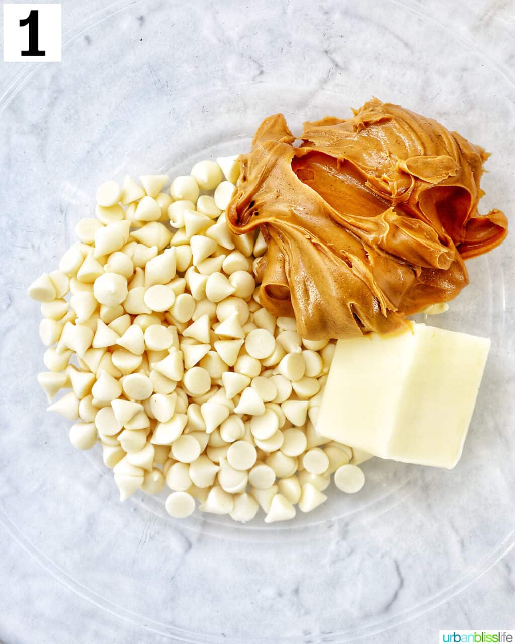 peanut butter, white chocolate chips, butter in a large bowl.