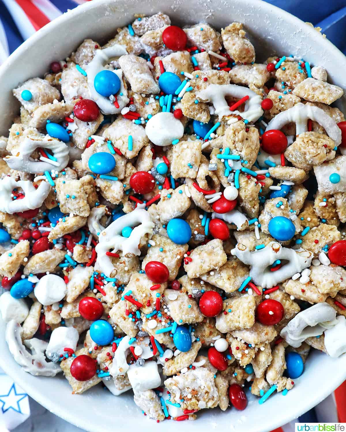 large bowl of patriotic puppy chow.
