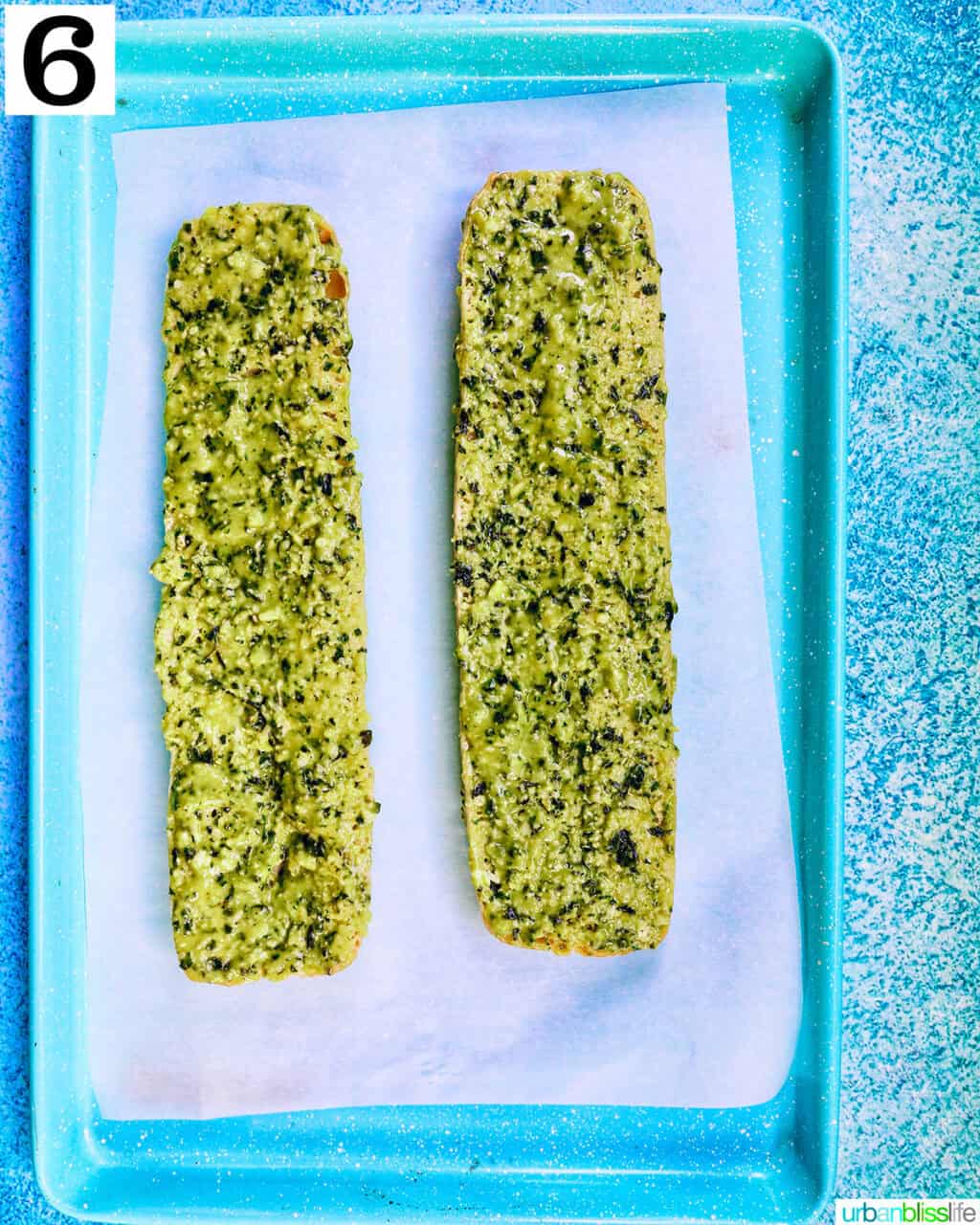 pesto bread on parchment paper.