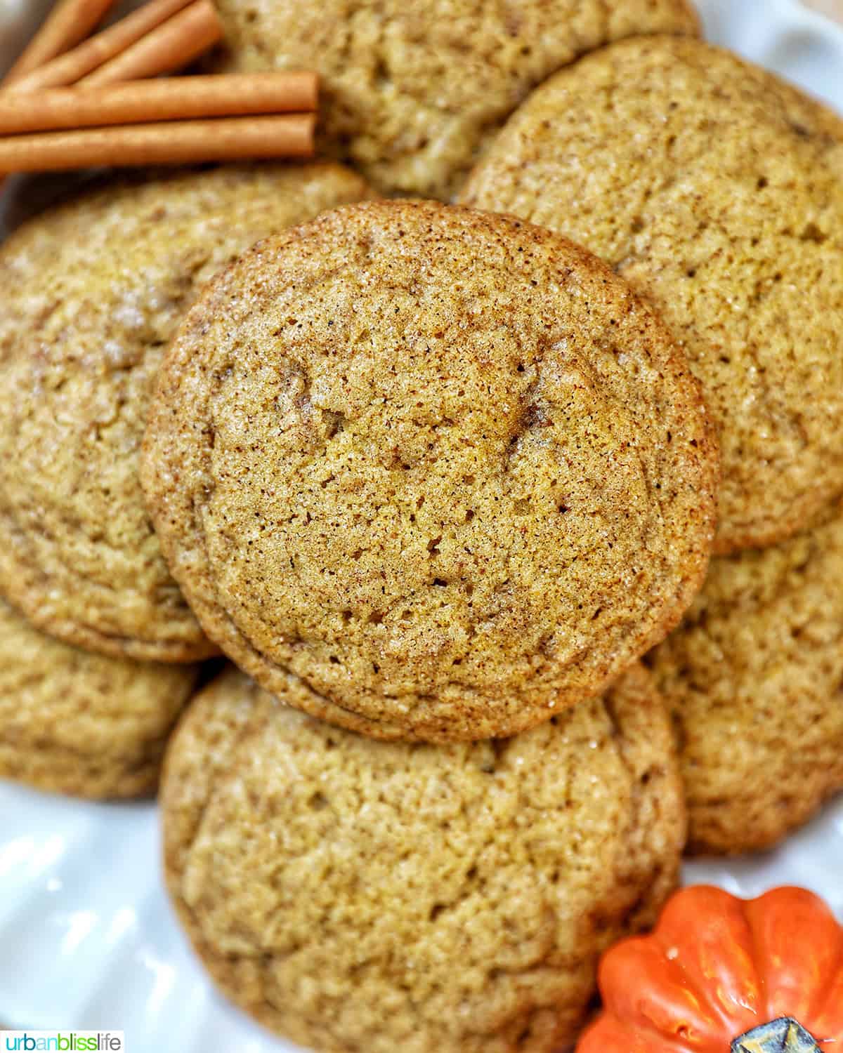 plate full of pumpkin spice cookies with pumpkin decorations and cinnamon sticks.