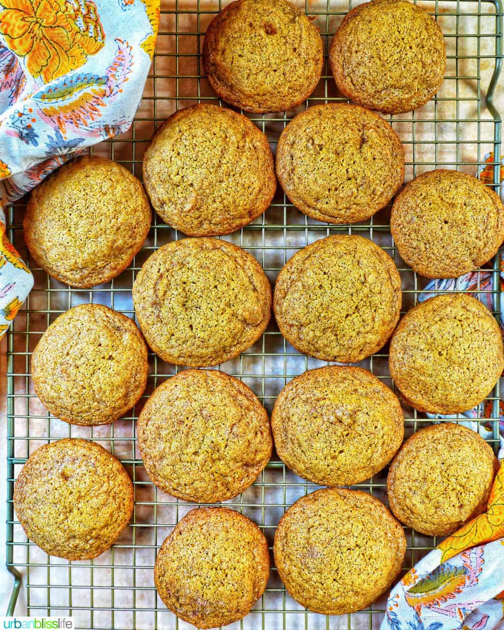 pumpkin pie spice cookies on a cooling rack.