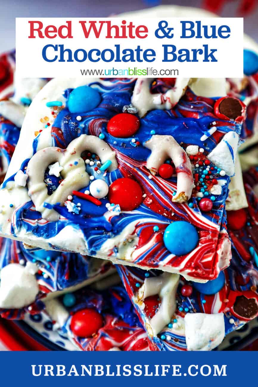 red white and blue chocolate bark, stacked, with title text.