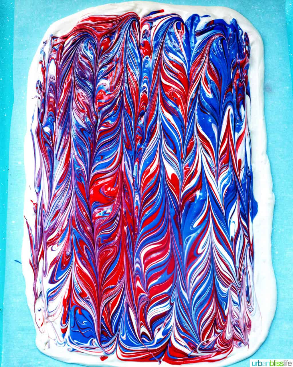 red, white, and blue bark on a baking sheet.