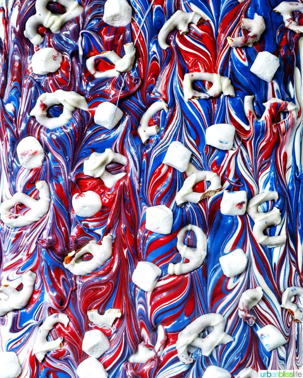 patriotic red, white, and blue chocolate bark.