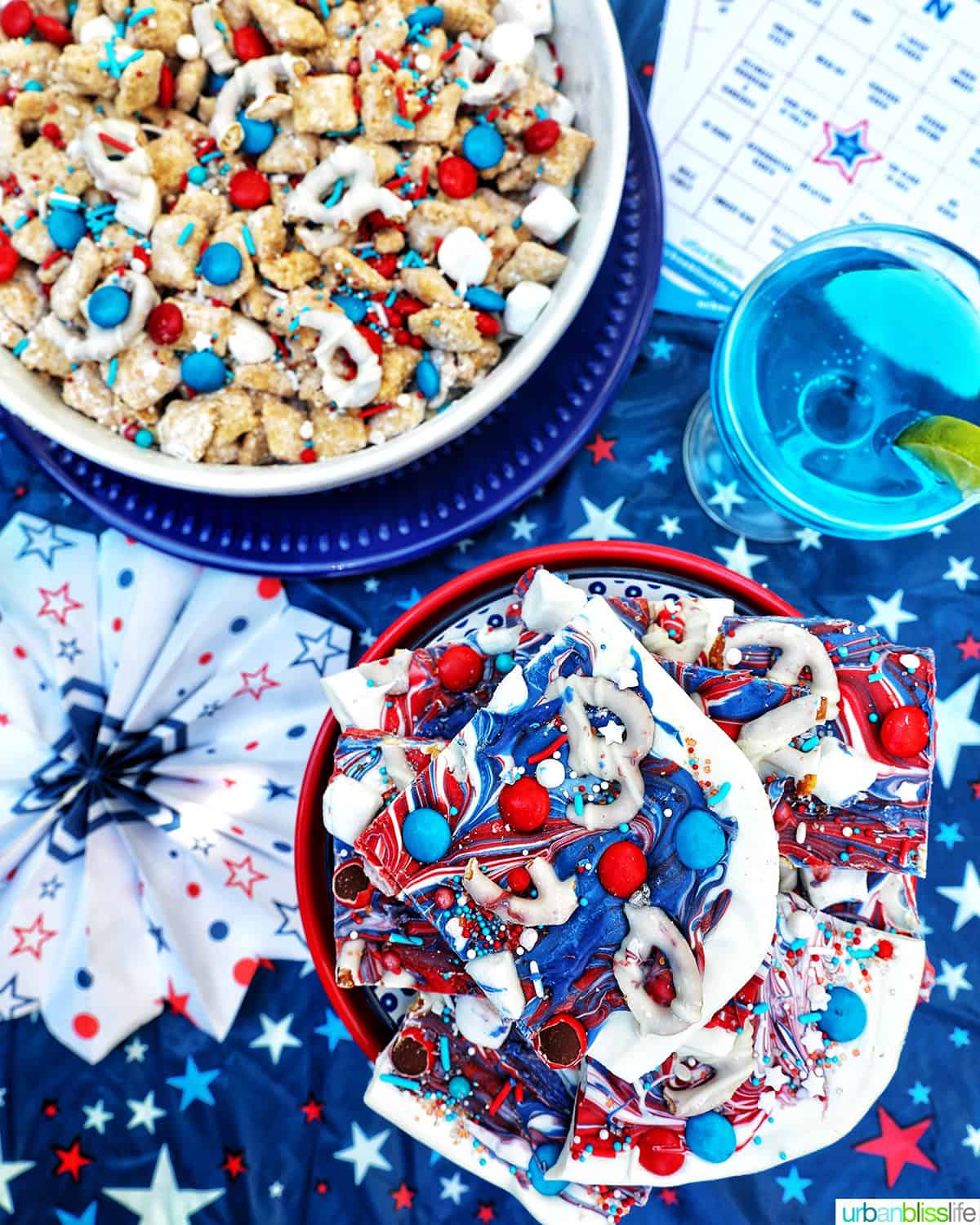 bowl of red, white, and blue bark with bowl of patriotic puppy chow and blue wave cocktail.