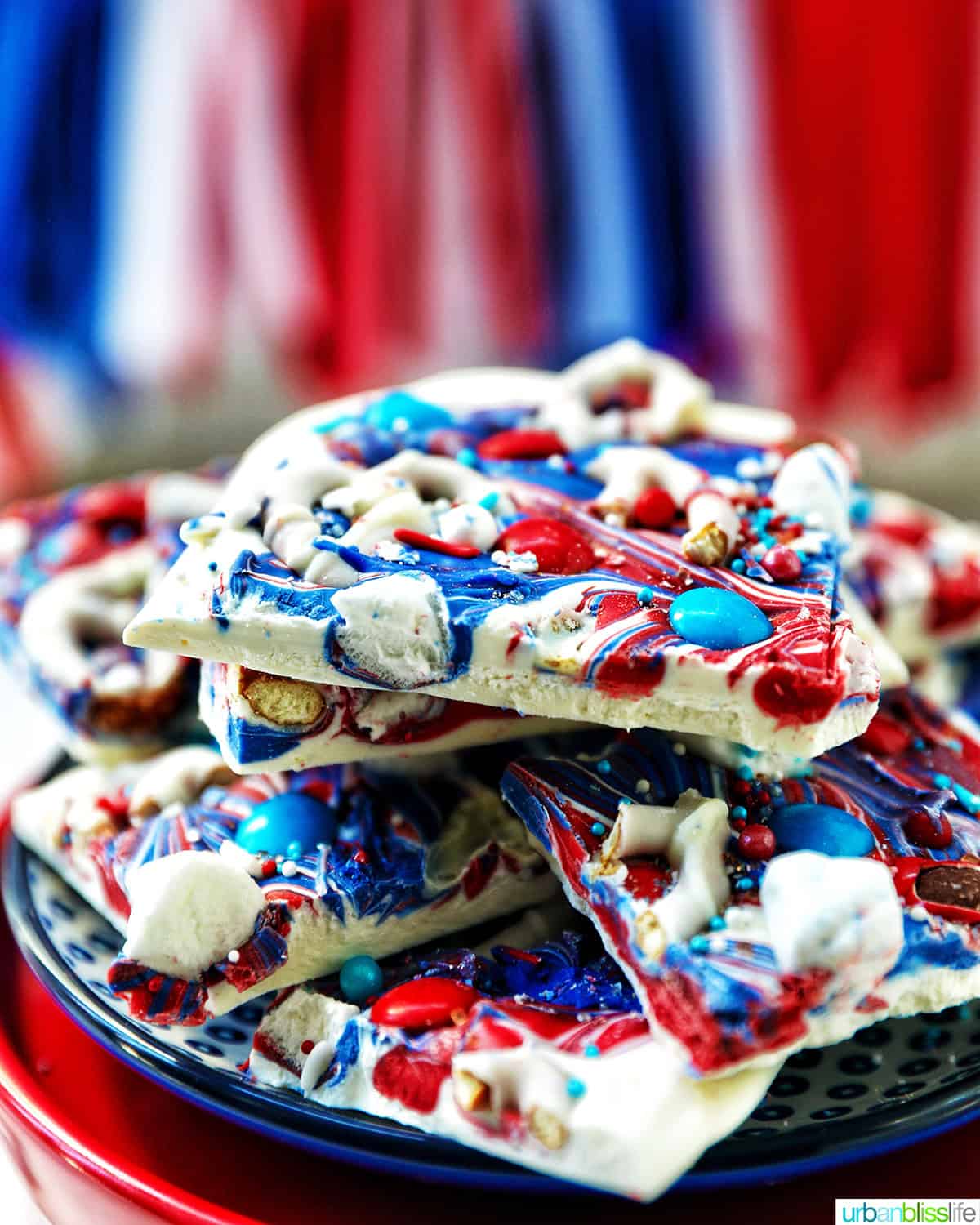 side view of red, white, and blue bark.