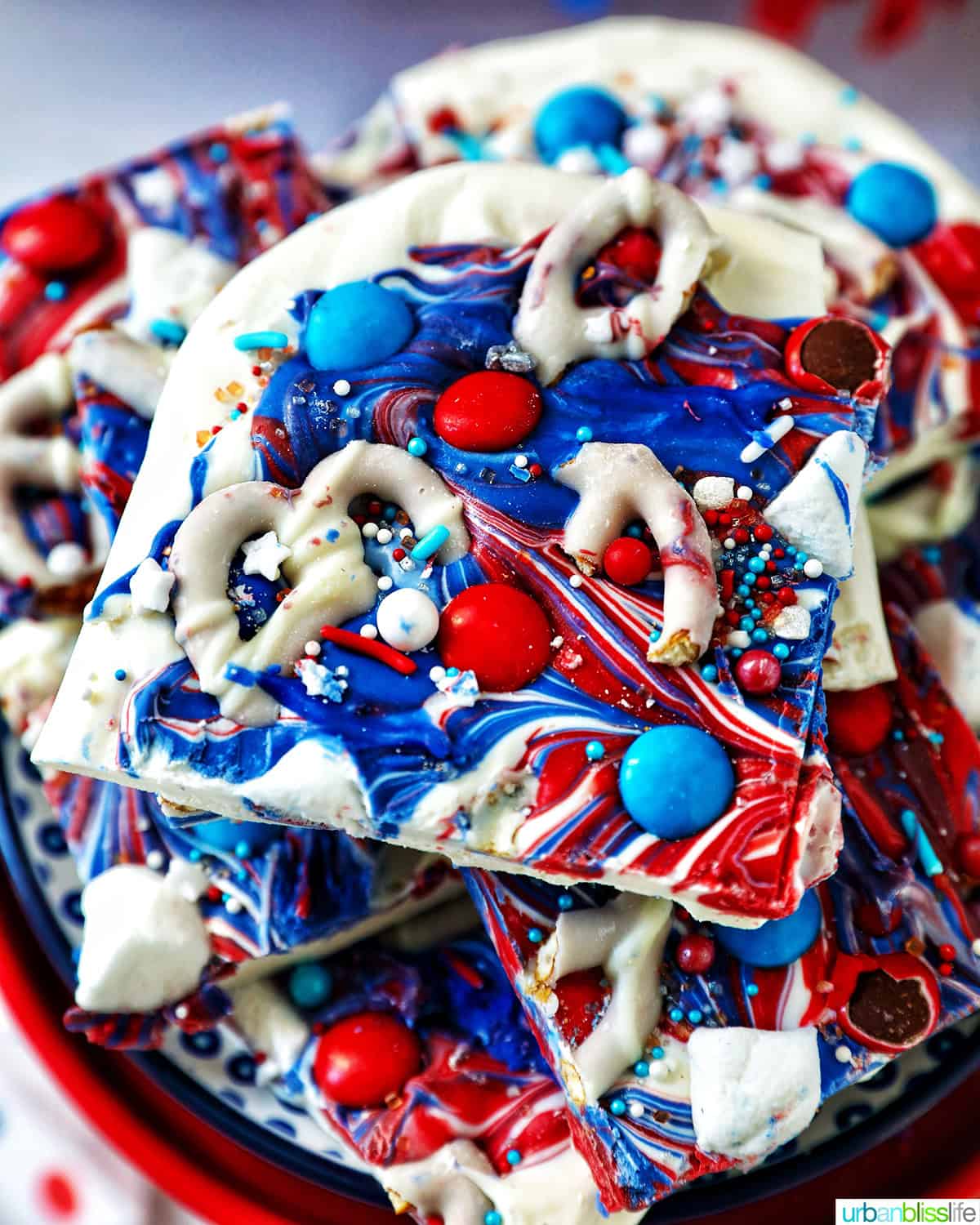 overhead view of a stack of red, white, and blue bark.