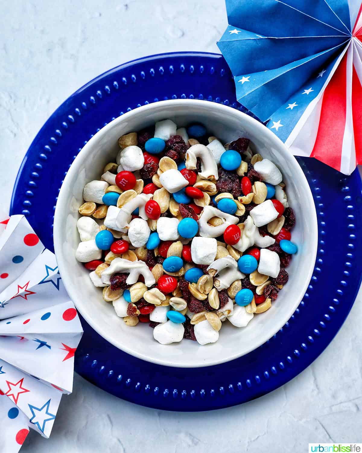 bowl of red, white, and blue trail mix.