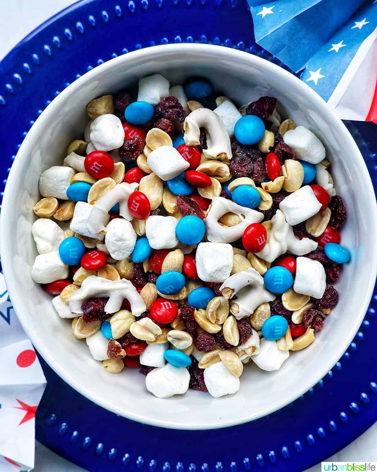 bowl of red, white, and blue trail mix.