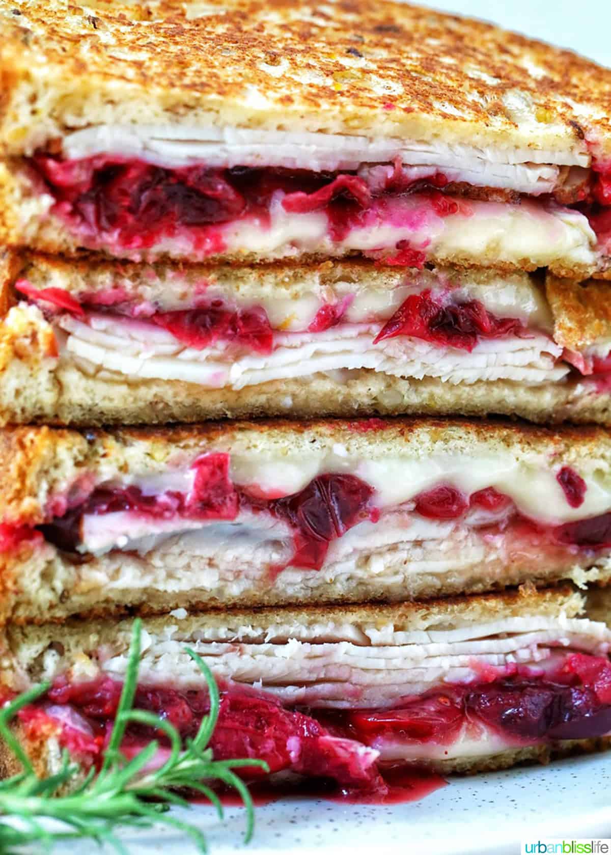 stack of Turkey Cranberry Brie Sandwiches sliced in half