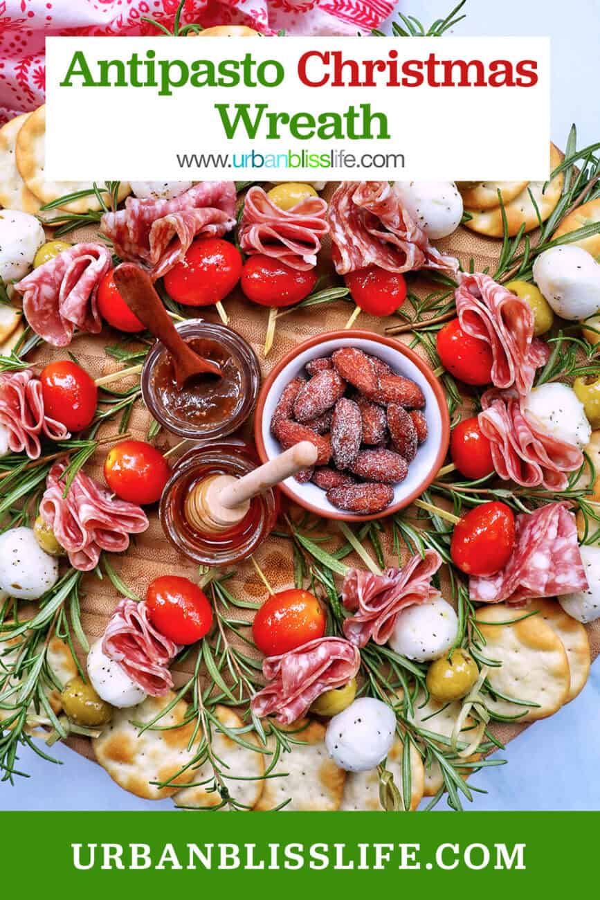 antipasto Christmas wreath appetizer with title text overlay.