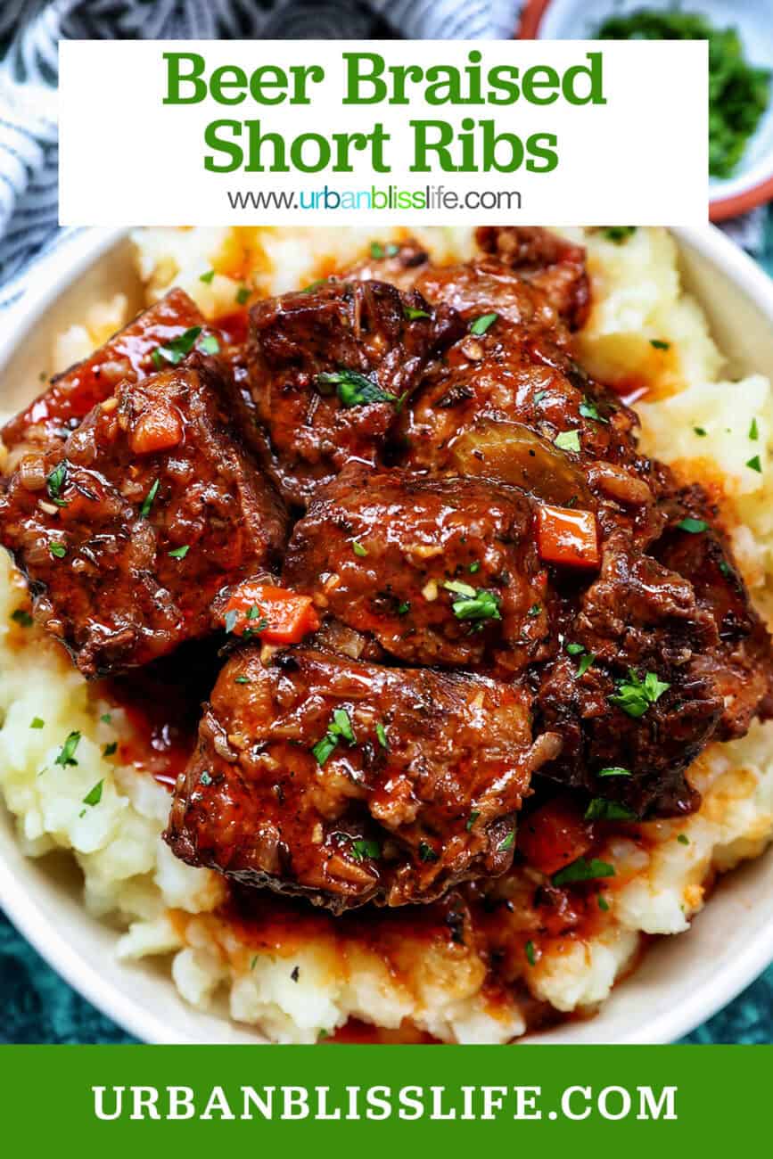 beer braised short ribs over mashed potatoes with title text overlay.