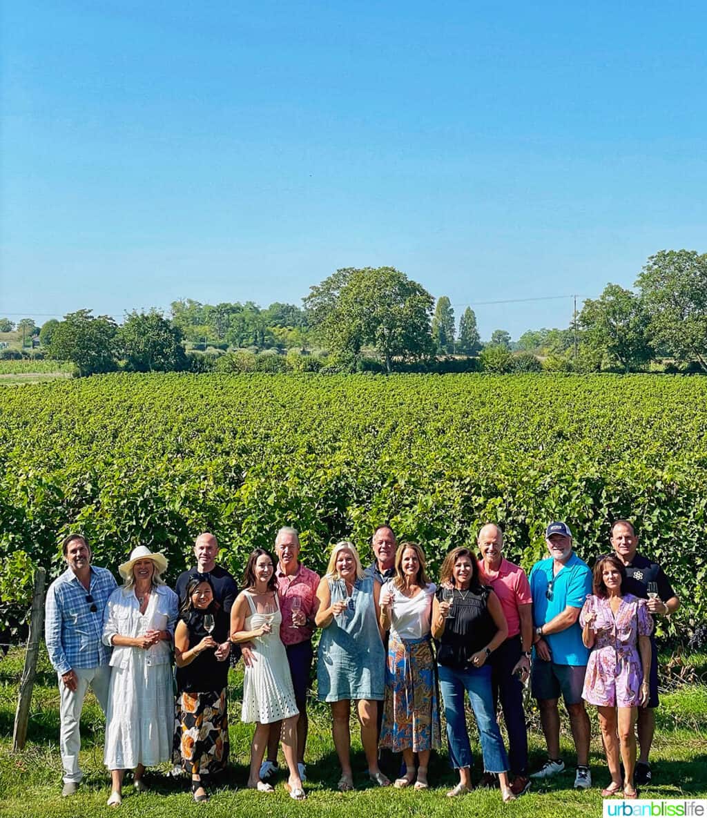 group wine tasting in vineyard at Chateau de la Grille in Chinon, France.