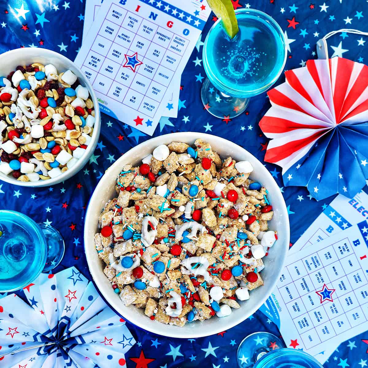 bowl of red, white and blue foods with election bingo cards.