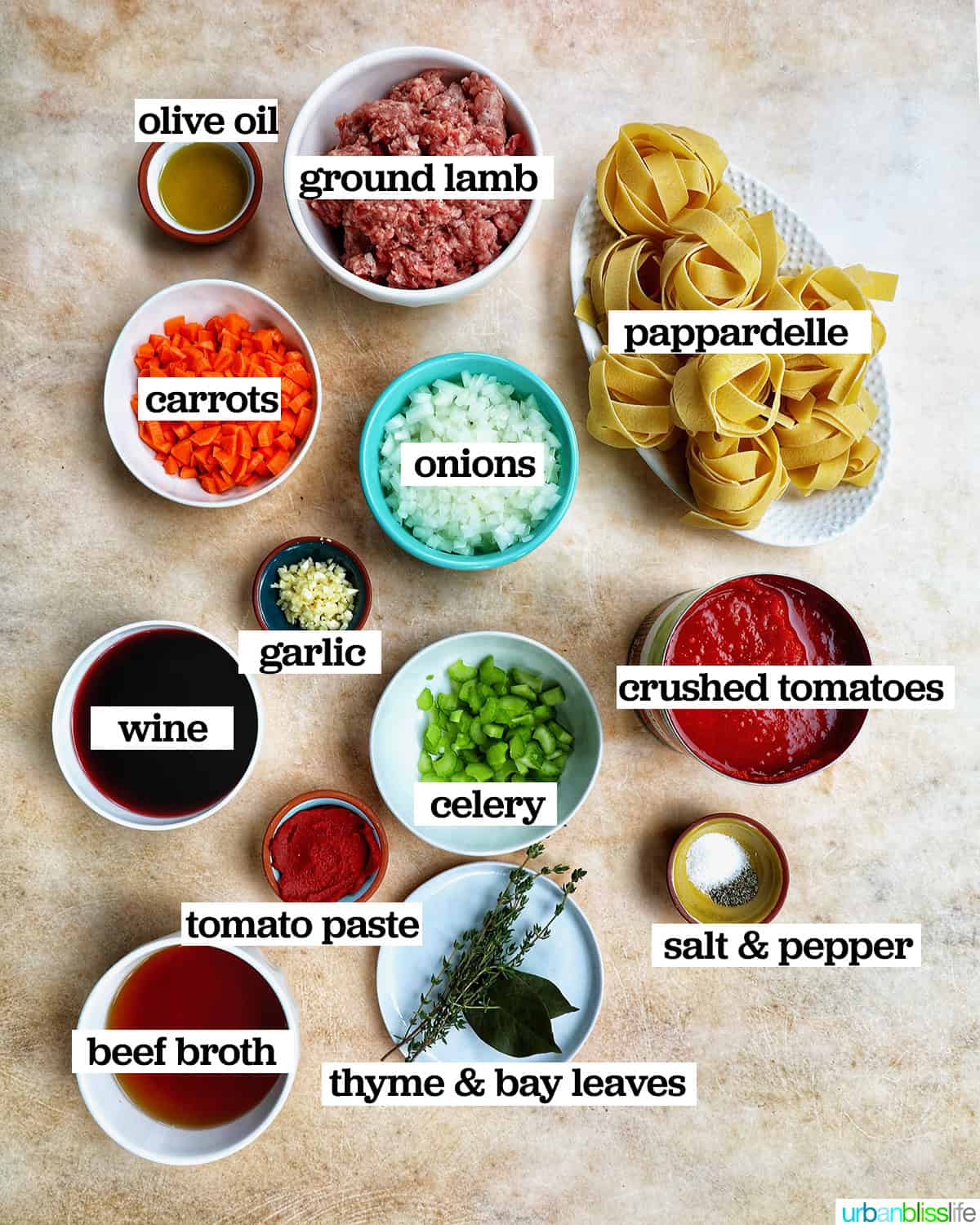 bowls of ingredients to make lamb ragu pappardelle.