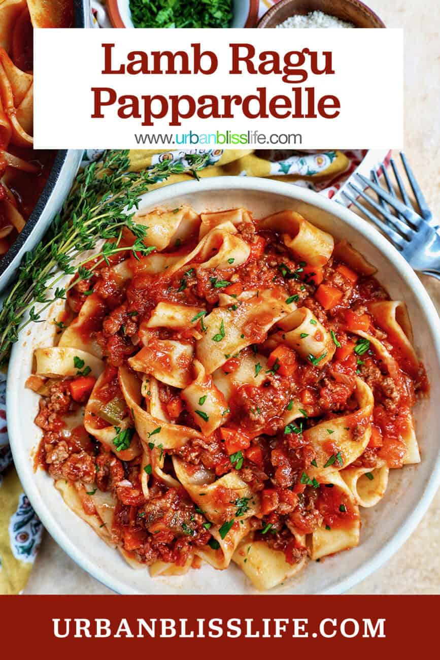 bowl of lamb ragu pappardelle with title text overlay.