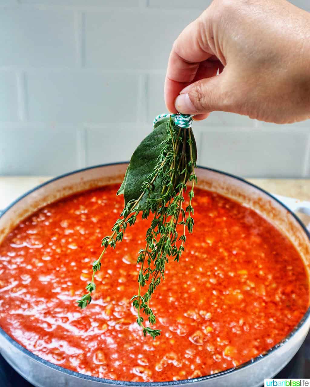adding a bundle of herbs to lamb ragu sauce in a pan.