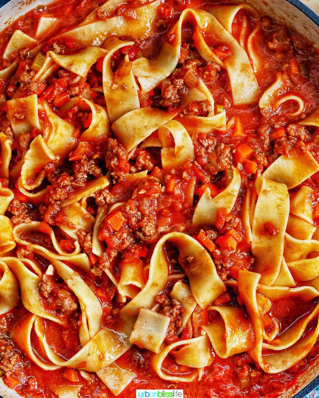 hearty lamb ragu pappardelle in a pan.