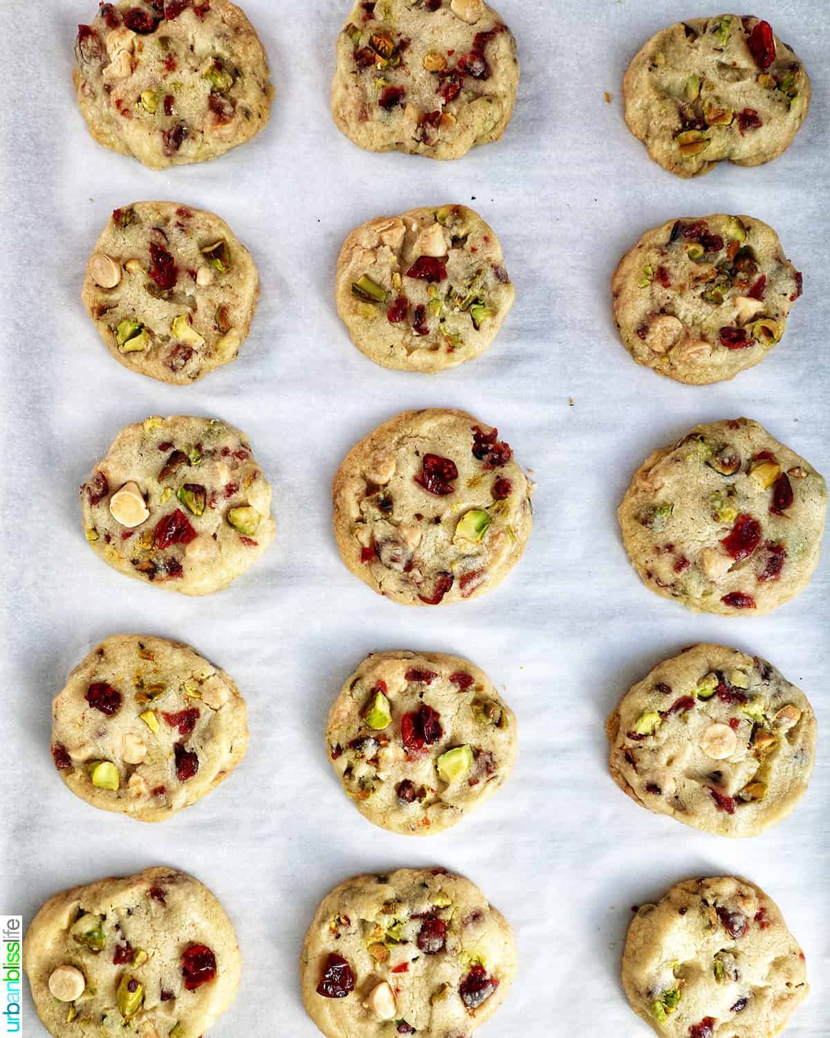 rows of baked pistacho cranberry shortbread cookies on a baking sheet.