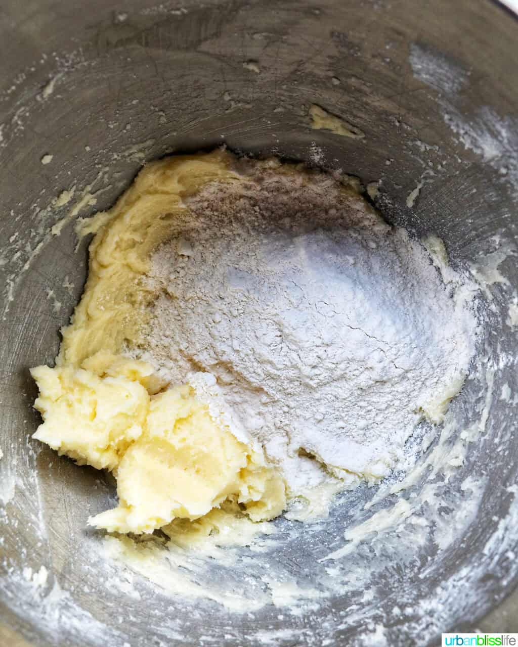 dry ingredients added to butter and sugar in a stand mixer.