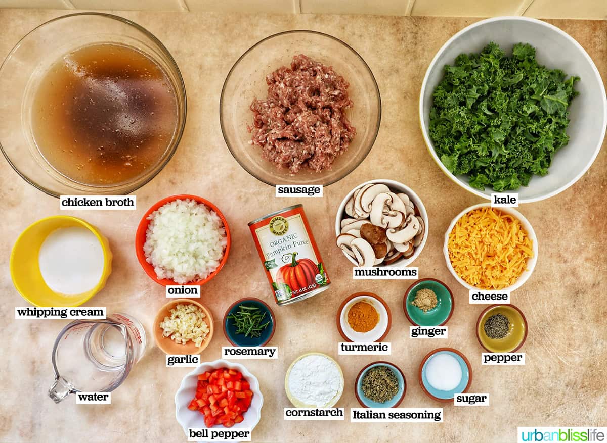 bowls of ingredients to make pumpkin soup with sausage.