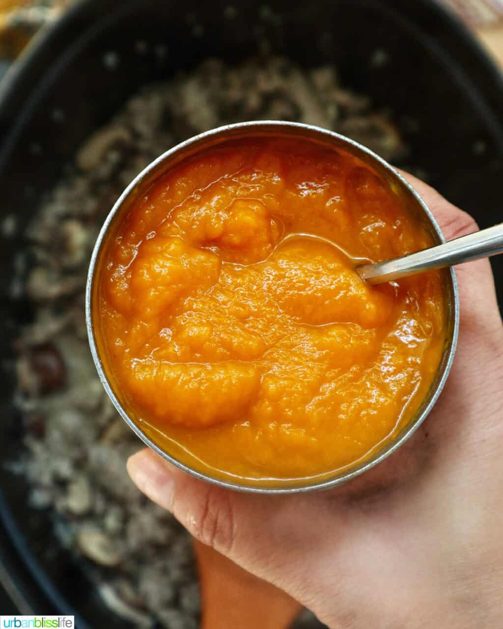 hand holding a can of pumpkin puree over a dutch oven of soup.