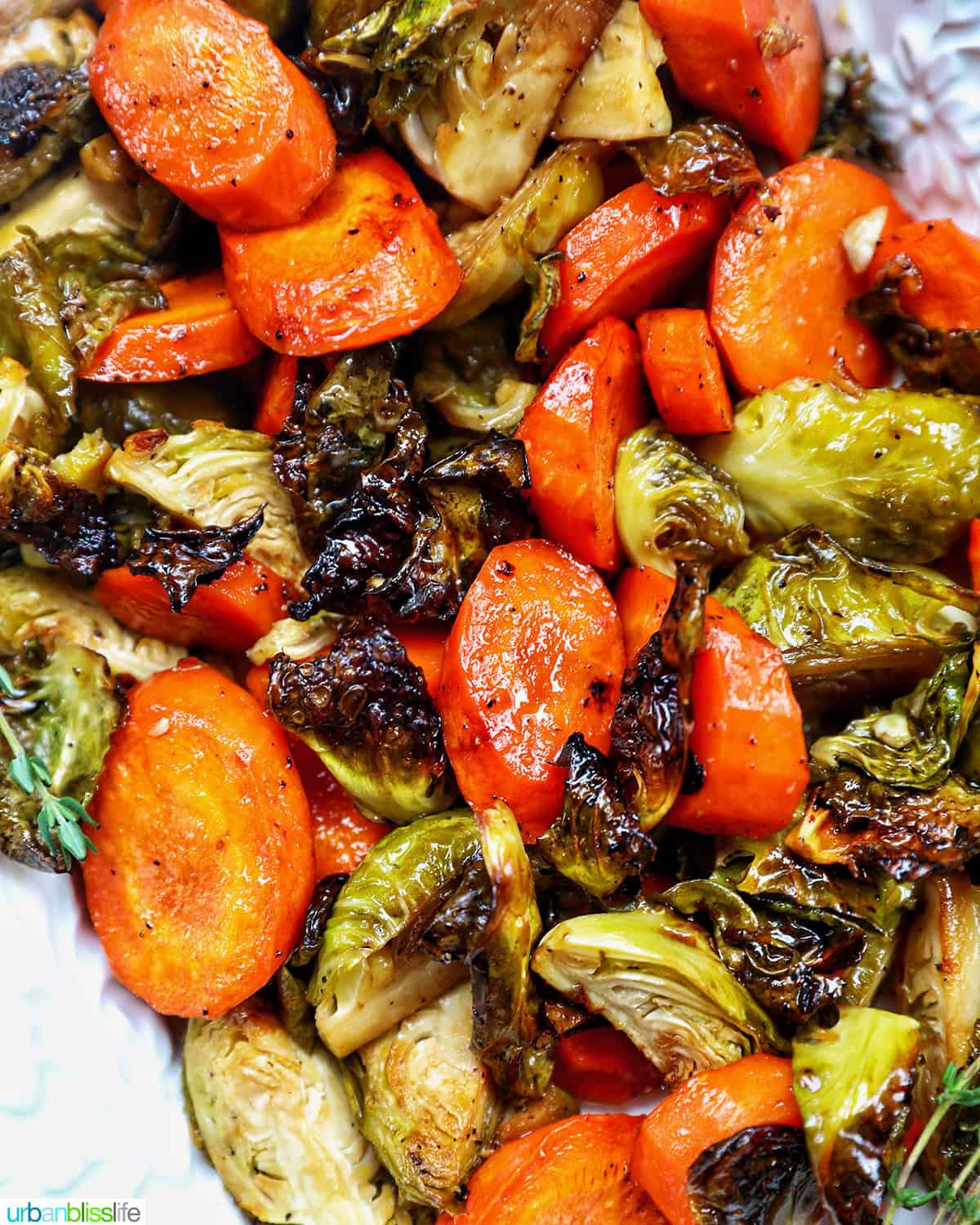 roasted brussels sprouts and carrot slices