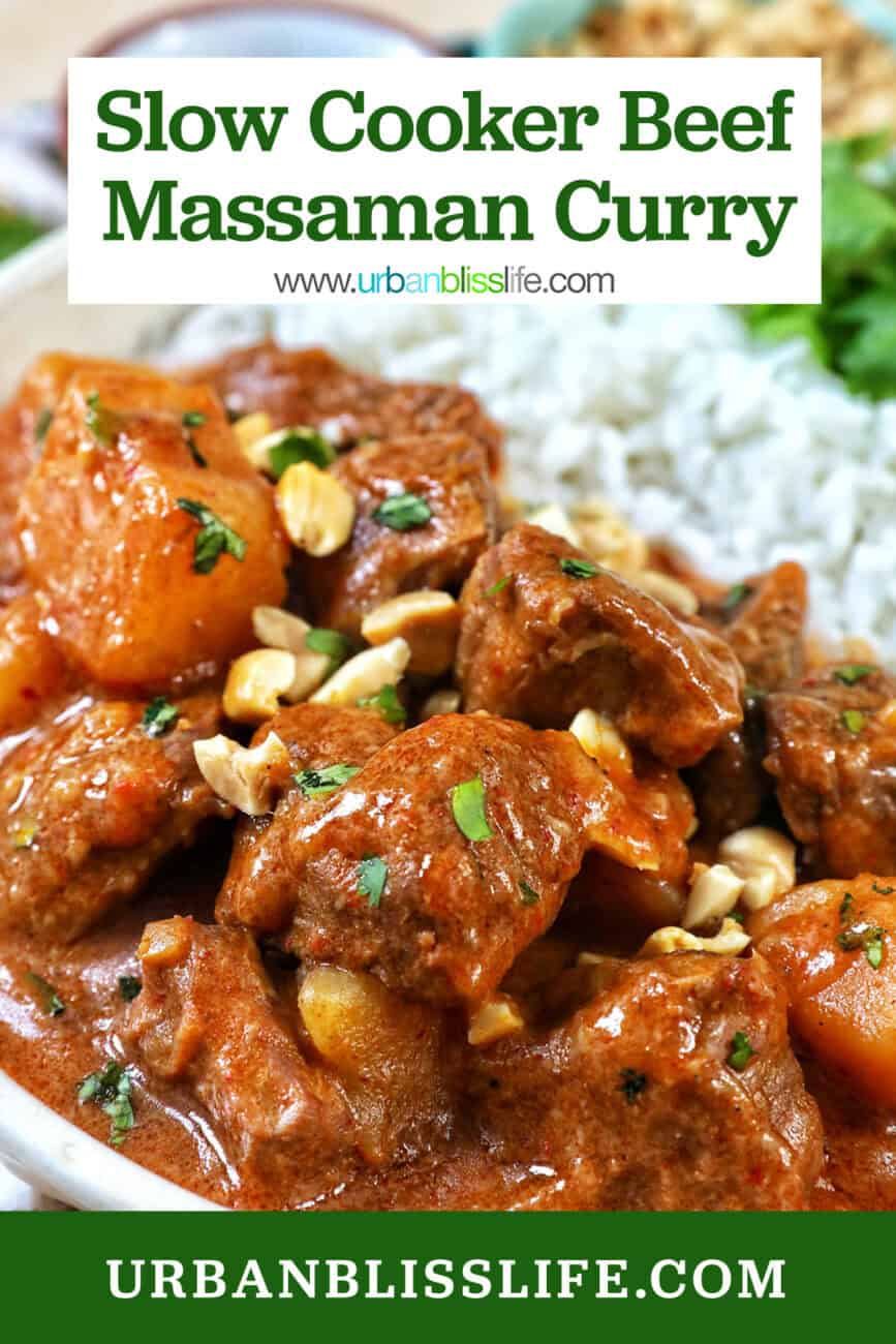 slow cooker beef massaman curry with rice in a bowl with title text overlay.