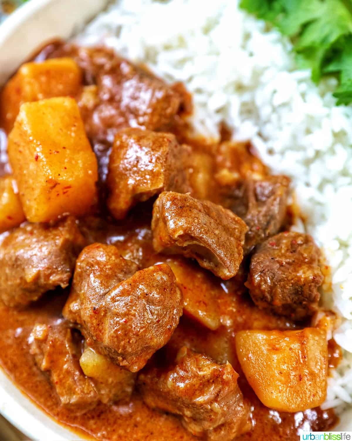 slow cooker beef massaman curry with rice in a bowl.