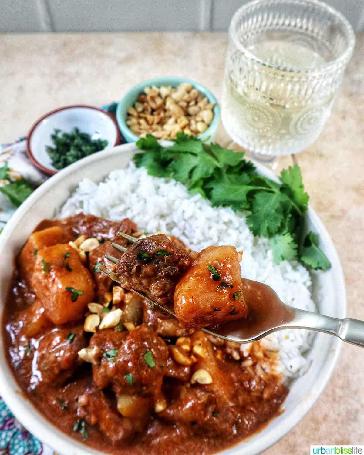 slow cooker beef massaman curry with rice in a bowl and glass of white wine.