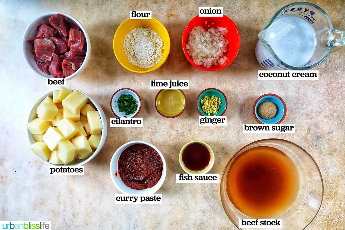 bowls of ingredients to make slow cooker beef massaman curry.