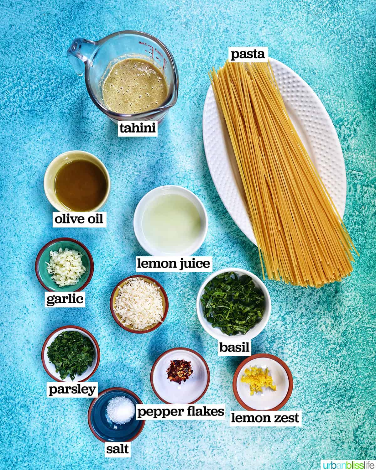 bowls of ingredients needed to make tahini pasta.
