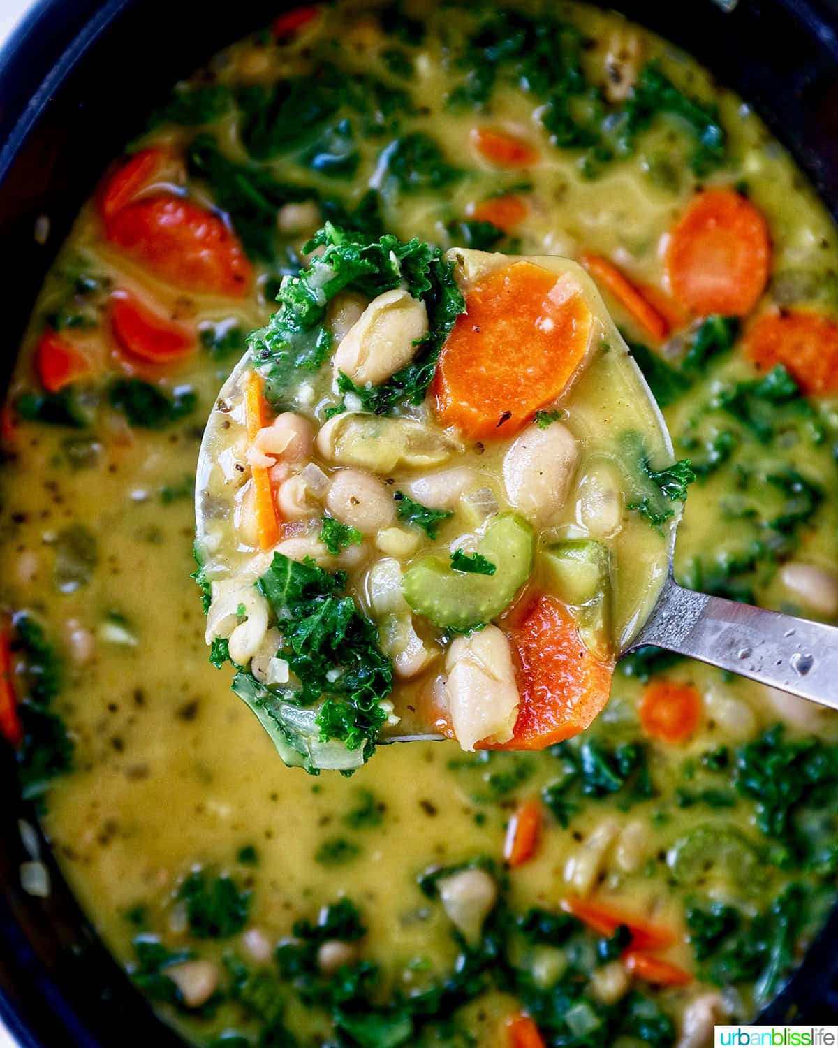 ladle of tuscan kale and white bean soup above a crockpot of the soup.