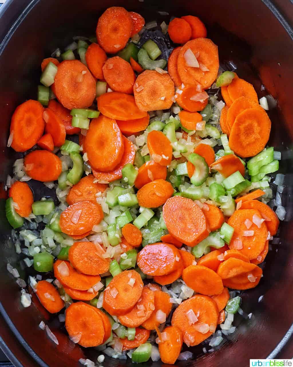 carrots and celery added to onions and garlic in a Dutch oven.