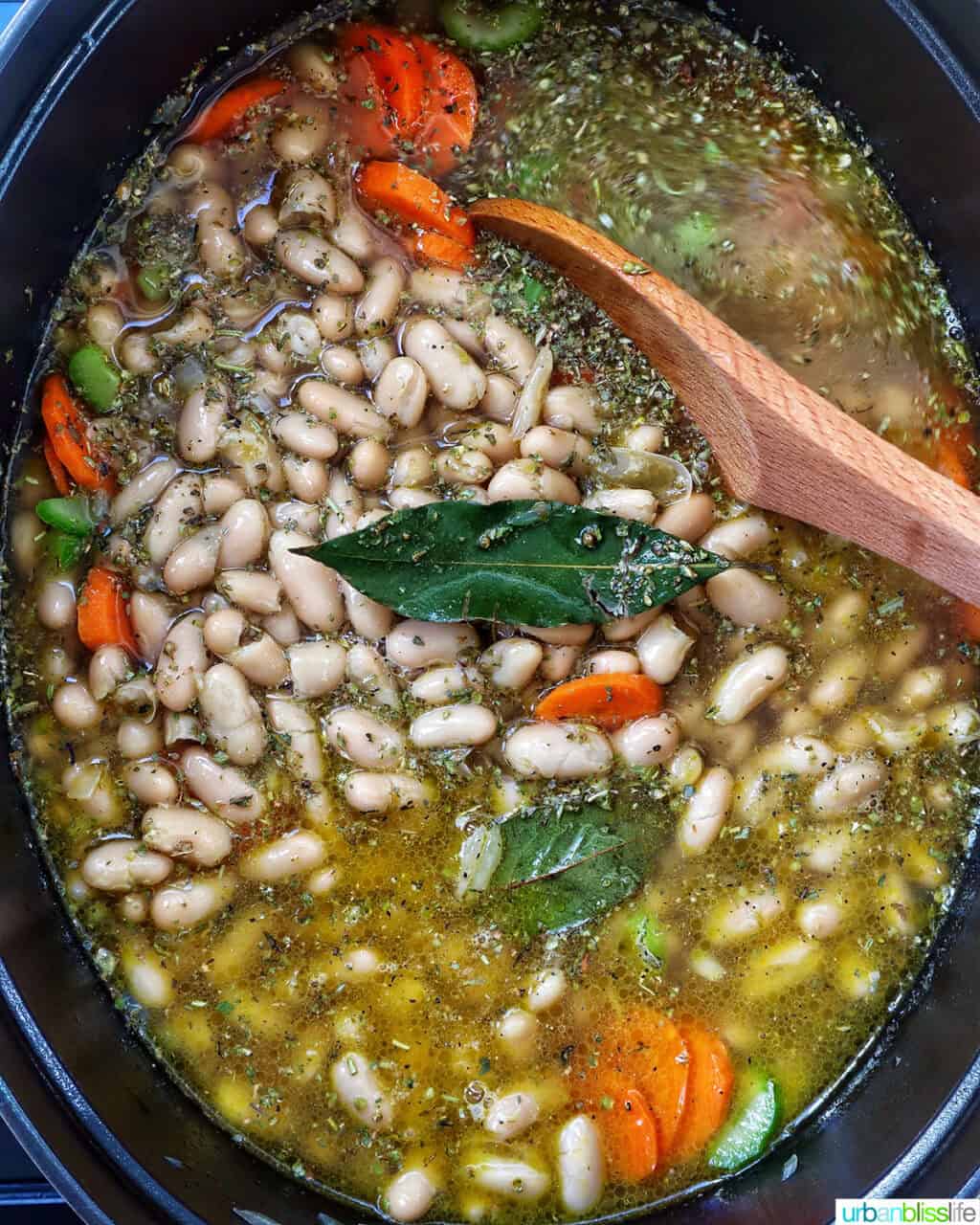 Tuscan kale and white bean soup in a Dutch oven.