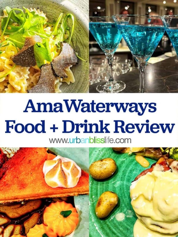 truffle pasta, blue cocktails, pie, and eggs benedict with title text overlay "AmaWaterways Food and Drink Review."