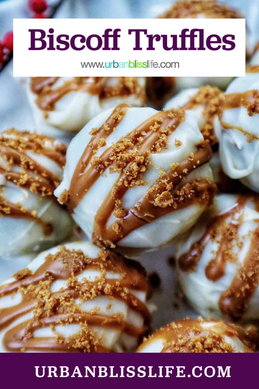 pile of Biscoff truffles on a plate with title text overlay.