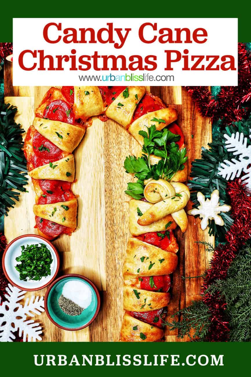 candy cane pizza surrounded by holiday decorations with title text overlay.