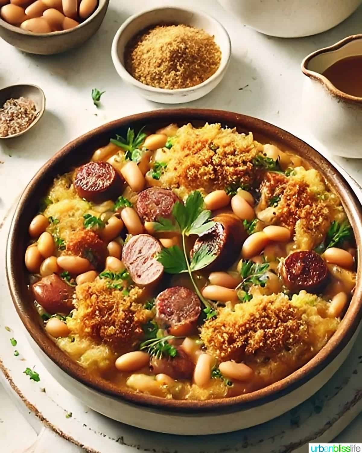 cassoulet in a bowl with sides of ingredients.