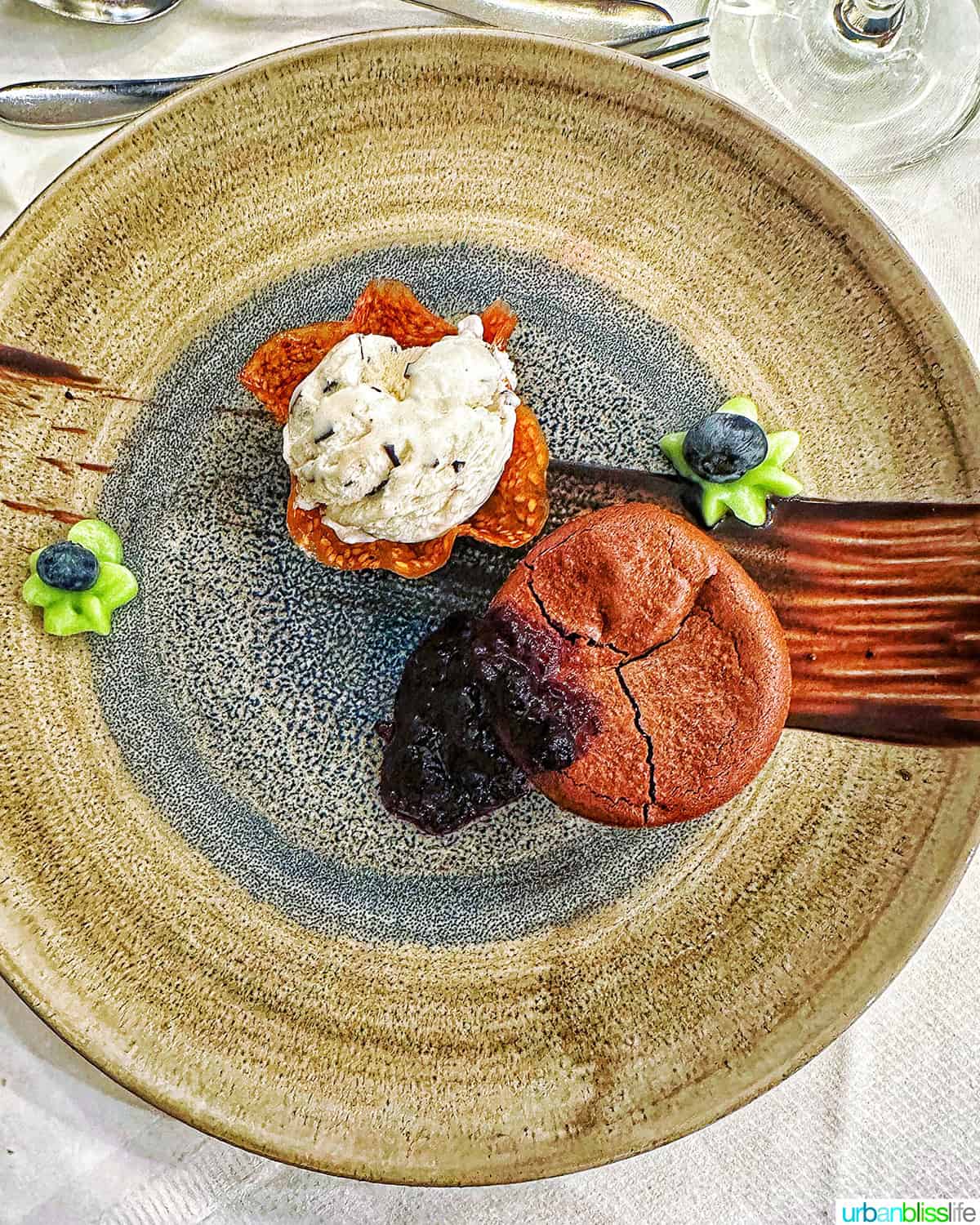plate of chocolate souffle artfully presented.