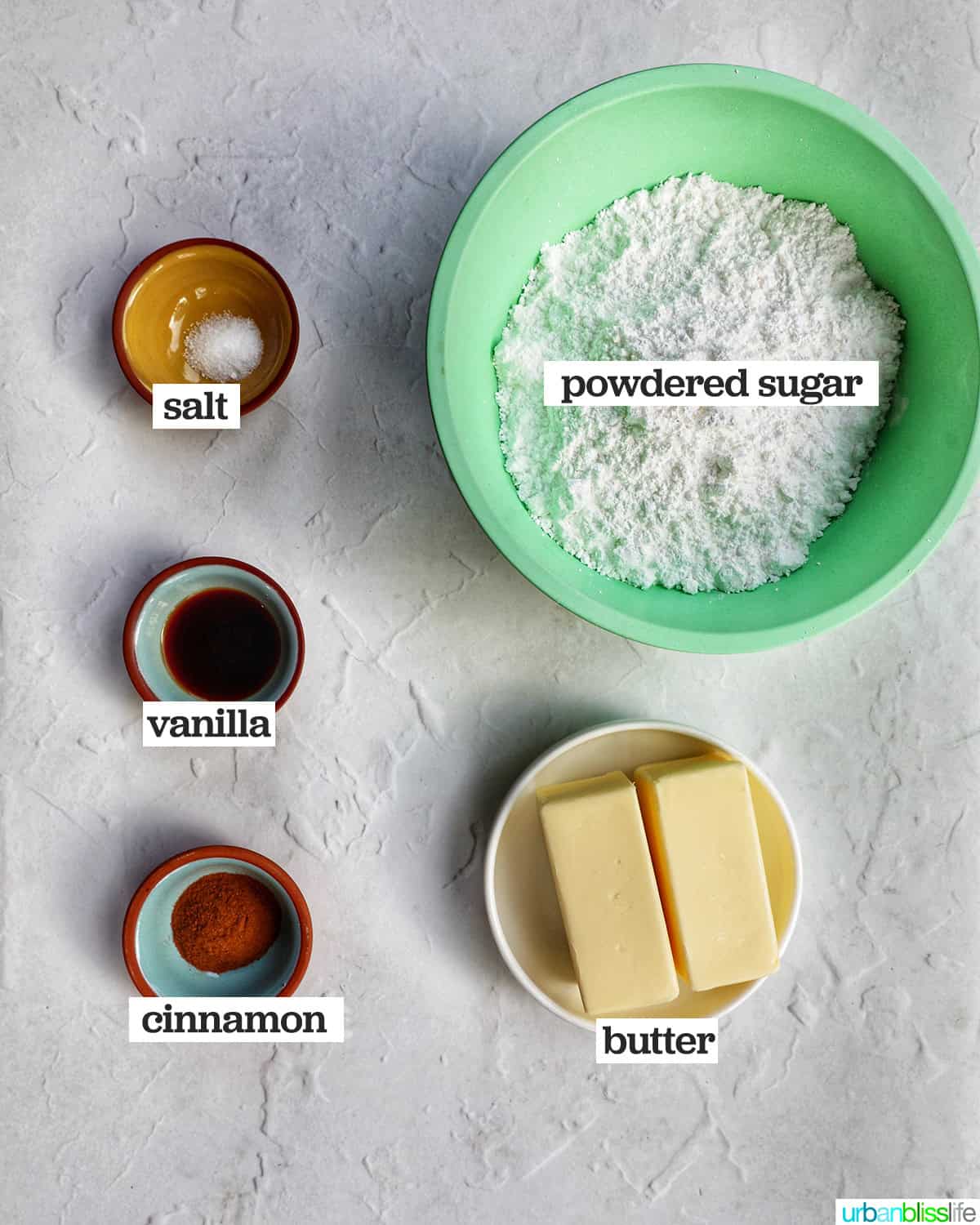 ingredients to make cinnamon buttercream frosting.