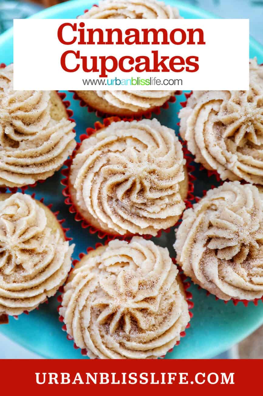 cinnamon cupcakes on a blue cake pedestal with title text overlay.